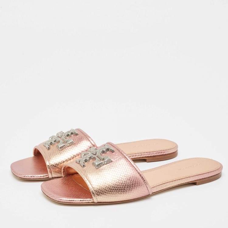 مملوكة مسبقًا Tory Burch Metallic Snakeskin Embossed Leather Eleanor Flat Slides Size 39
