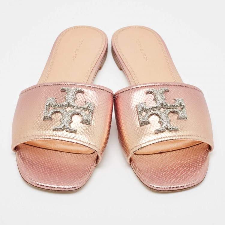 مملوكة مسبقًا Tory Burch Metallic Snakeskin Embossed Leather Eleanor Flat Slides Size 39