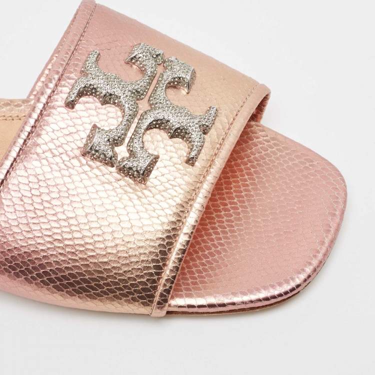 مملوكة مسبقًا Tory Burch Metallic Snakeskin Embossed Leather Eleanor Flat Slides Size 39