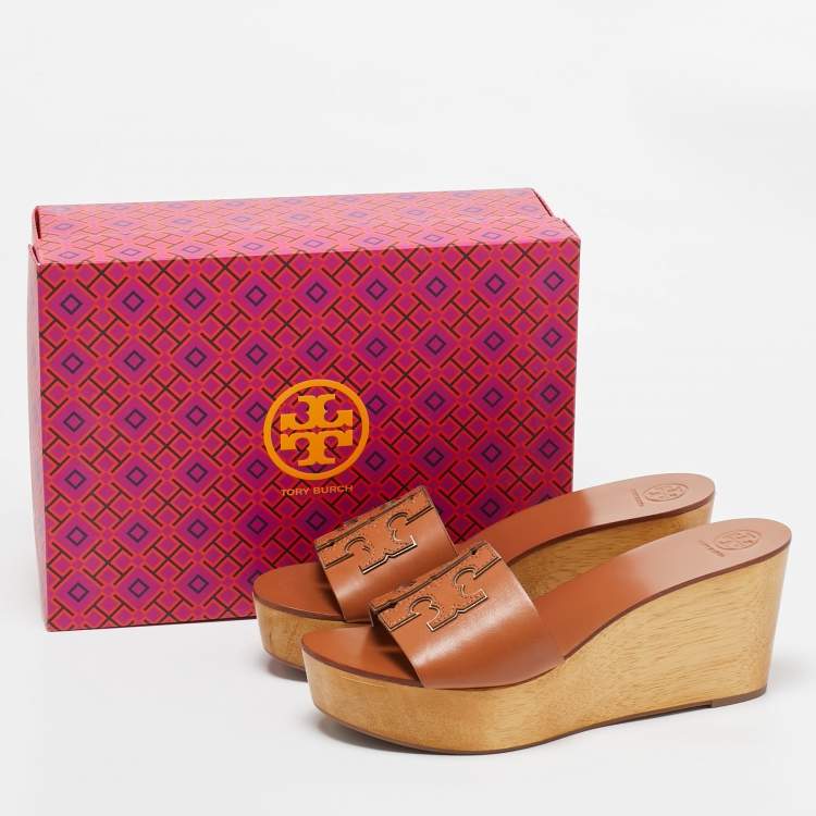 Pre Owned Tory Burch Brown Leather Ines Wedge Slide Sandals Size 40