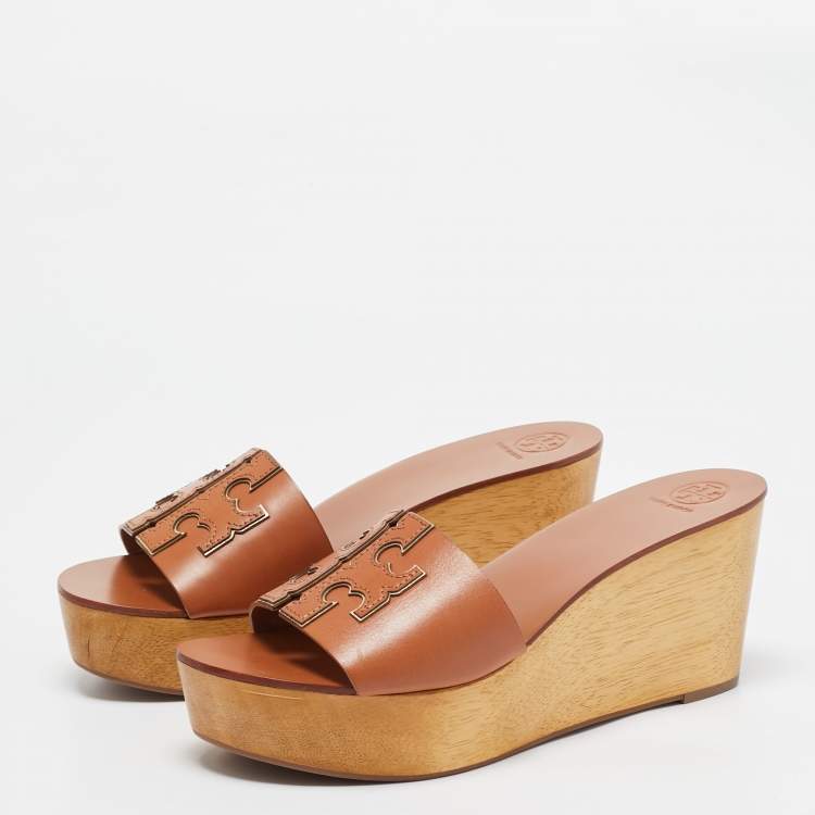 Pre Owned Tory Burch Brown Leather Ines Wedge Slide Sandals Size 40