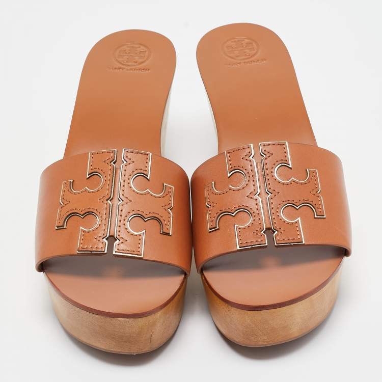 Pre Owned Tory Burch Brown Leather Ines Wedge Slide Sandals Size 40