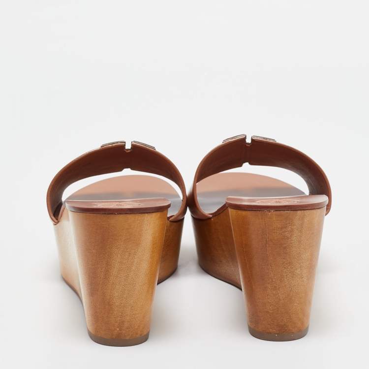 Pre Owned Tory Burch Brown Leather Ines Wedge Slide Sandals Size 40