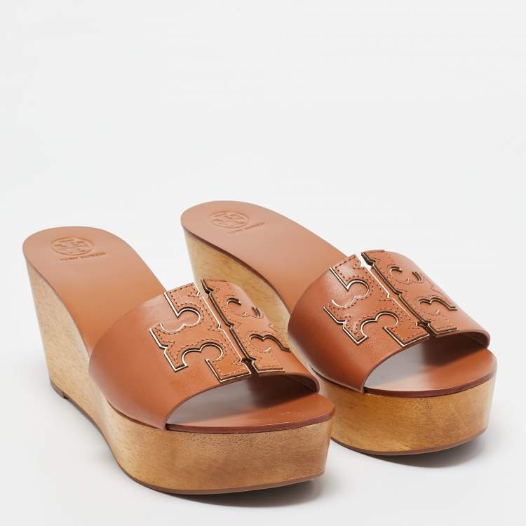 Pre Owned Tory Burch Brown Leather Ines Wedge Slide Sandals Size 40