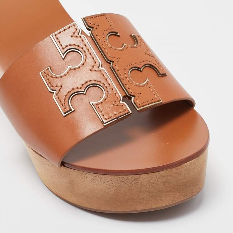 Pre Owned Tory Burch Brown Leather Ines Wedge Slide Sandals Size 40