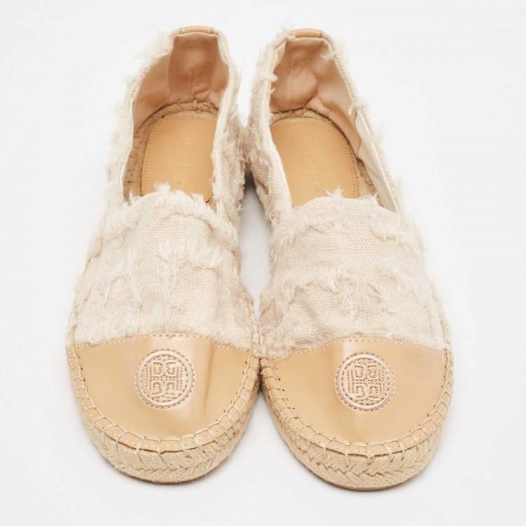 Pre Owned Tory Burch Two Tone Fabric and Leather Espadrille Flats Size 39.5