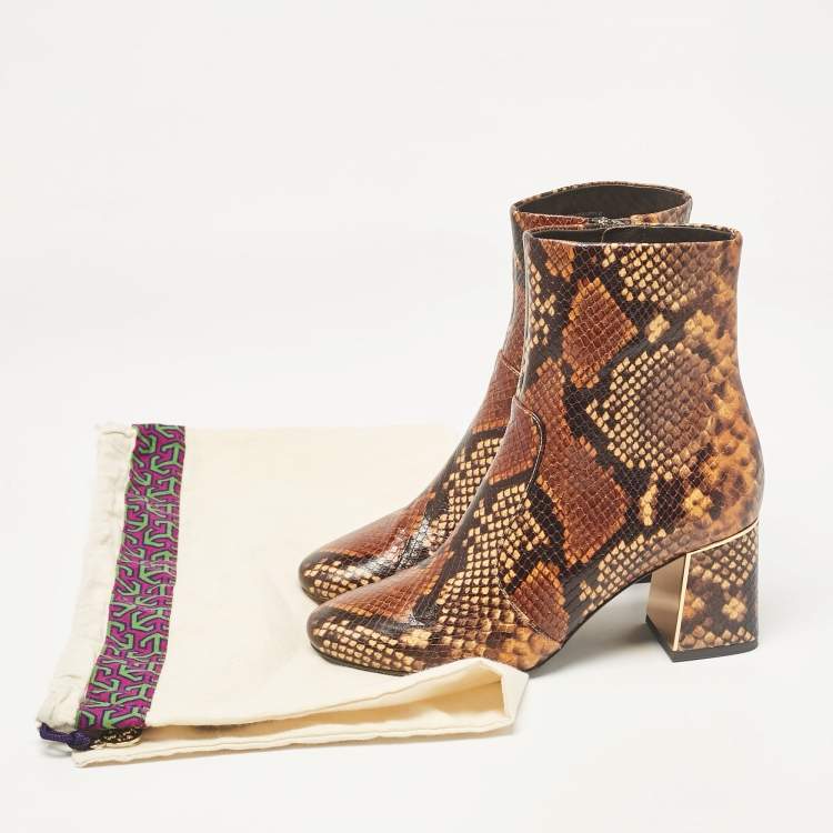 Pre Owned Tory Burch Brown/Black Embossed Snakeskin Gigi Ankle Boots Size 36.5