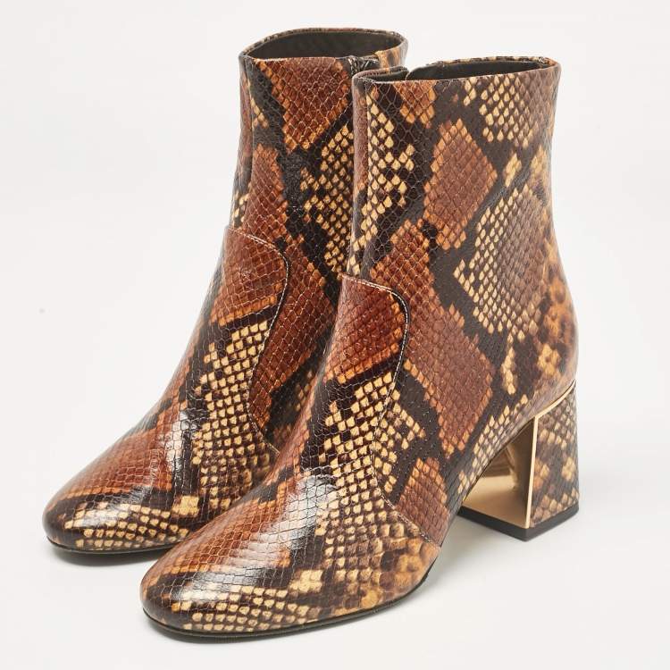 Pre Owned Tory Burch Brown/Black Embossed Snakeskin Gigi Ankle Boots Size 36.5
