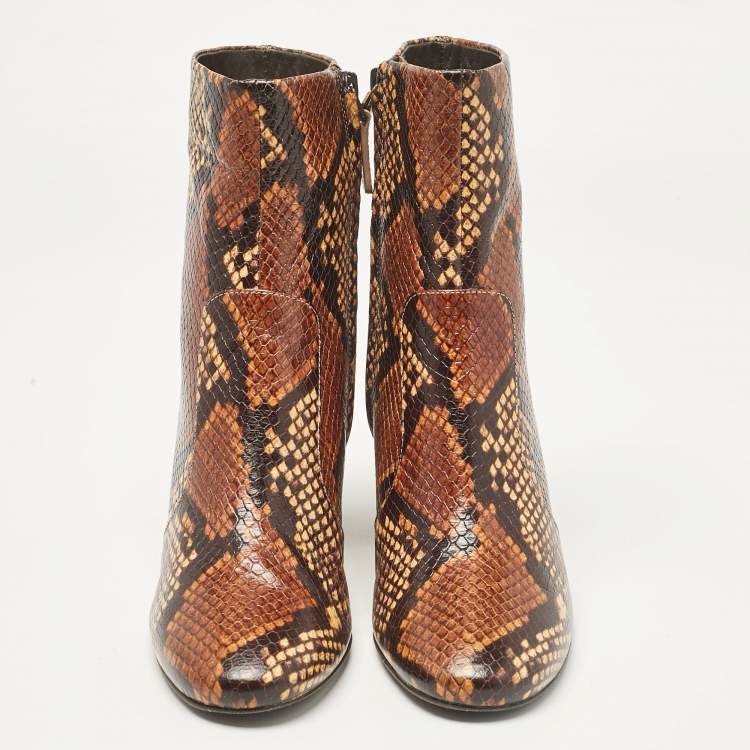 Pre Owned Tory Burch Brown/Black Embossed Snakeskin Gigi Ankle Boots Size 36.5