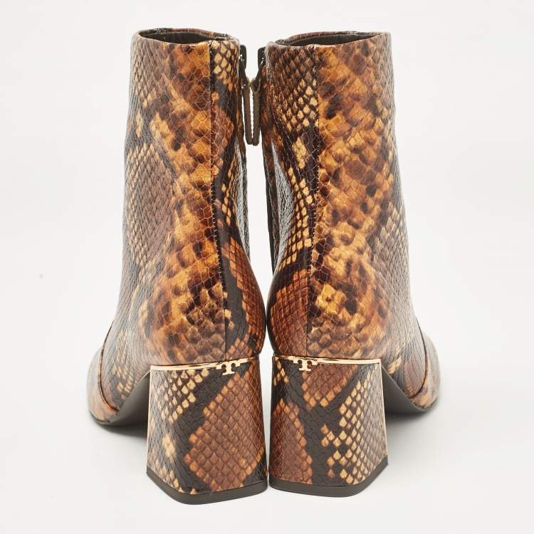 Pre Owned Tory Burch Brown/Black Embossed Snakeskin Gigi Ankle Boots Size 36.5
