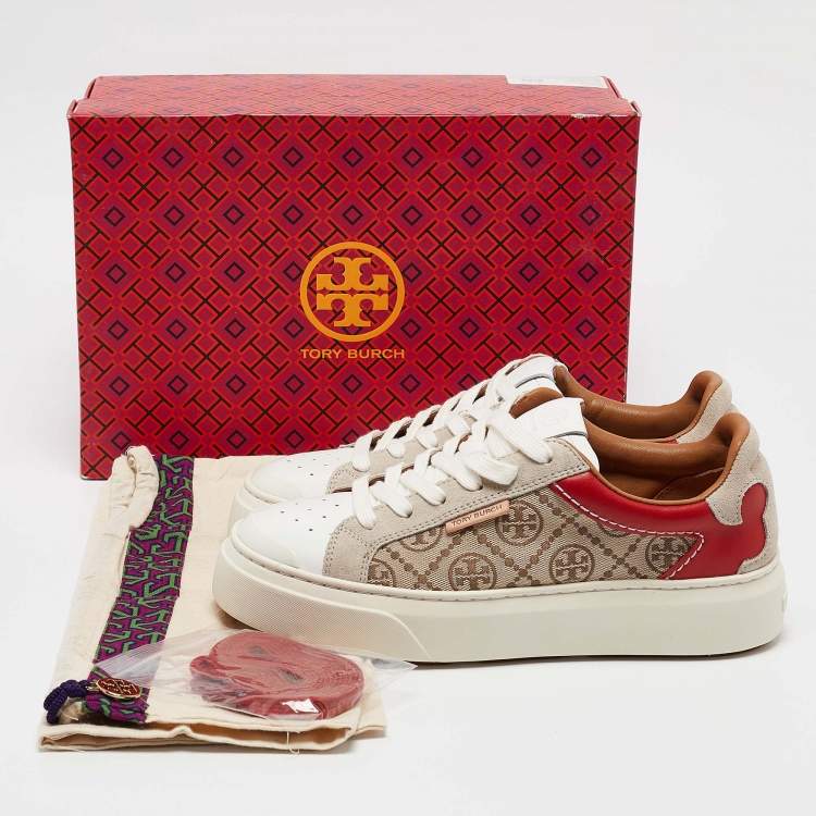 Pre Owned Tory Burch Multicolor T Monogram Canvas and Leather Ladybug Sneakers Size 38.5