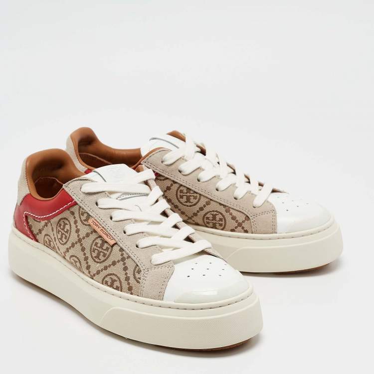 Pre Owned Tory Burch Multicolor T Monogram Canvas and Leather Ladybug Sneakers Size 38.5