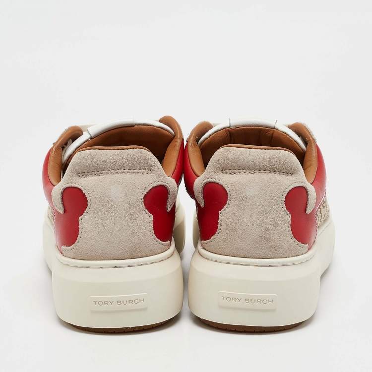 Pre Owned Tory Burch Multicolor T Monogram Canvas and Leather Ladybug Sneakers Size 38.5