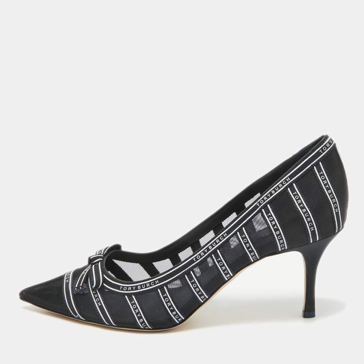 Pre Owned Tory Burch Navy Blue Mesh and Ribbon Penelope Pumps Size 39
