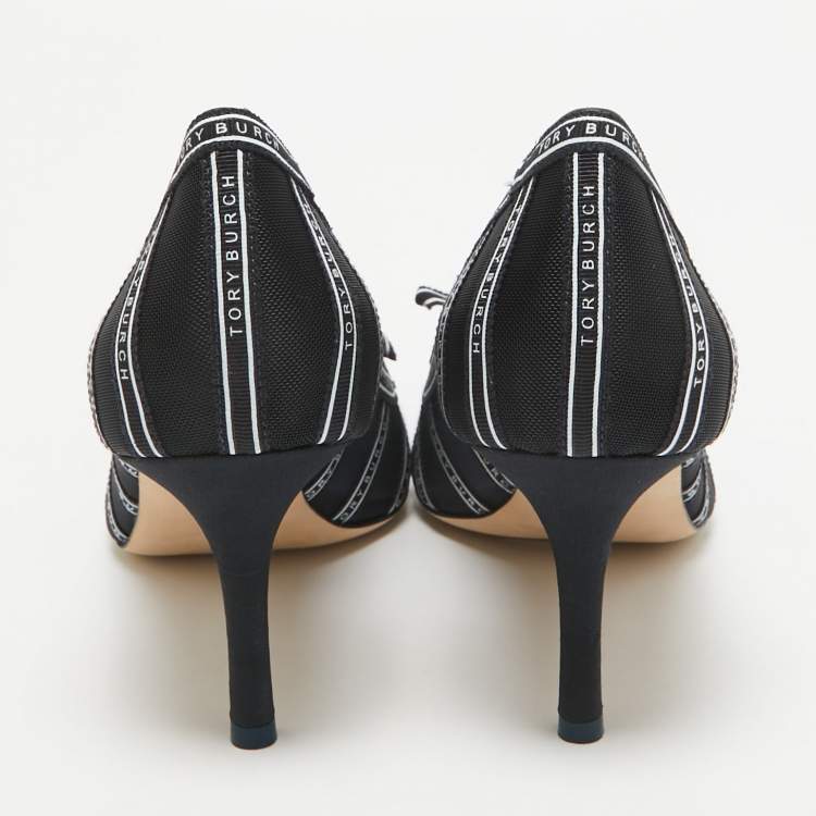 Pre Owned Tory Burch Navy Blue Mesh and Ribbon Penelope Pumps Size 39