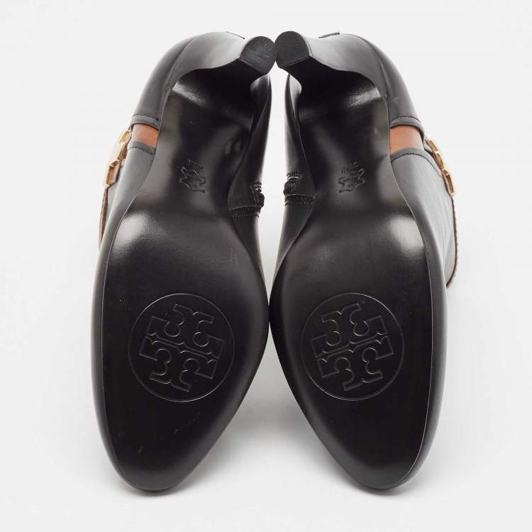 Pre Owned Tory Burch Black/Brown Leather Ankle Length Boots Size 37.5