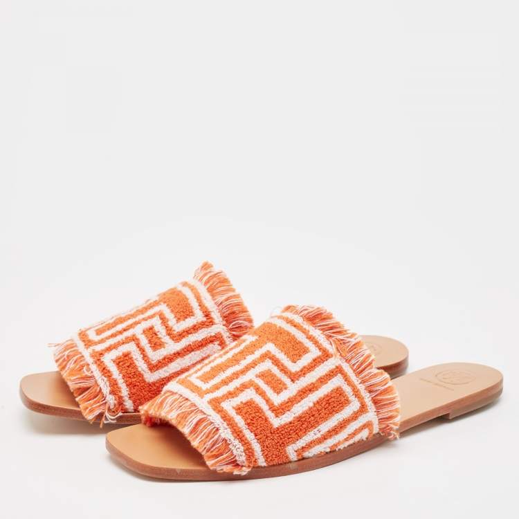 Pre Owned Tory Burch Orange/White Terry Cloth Flat Slides Size 39