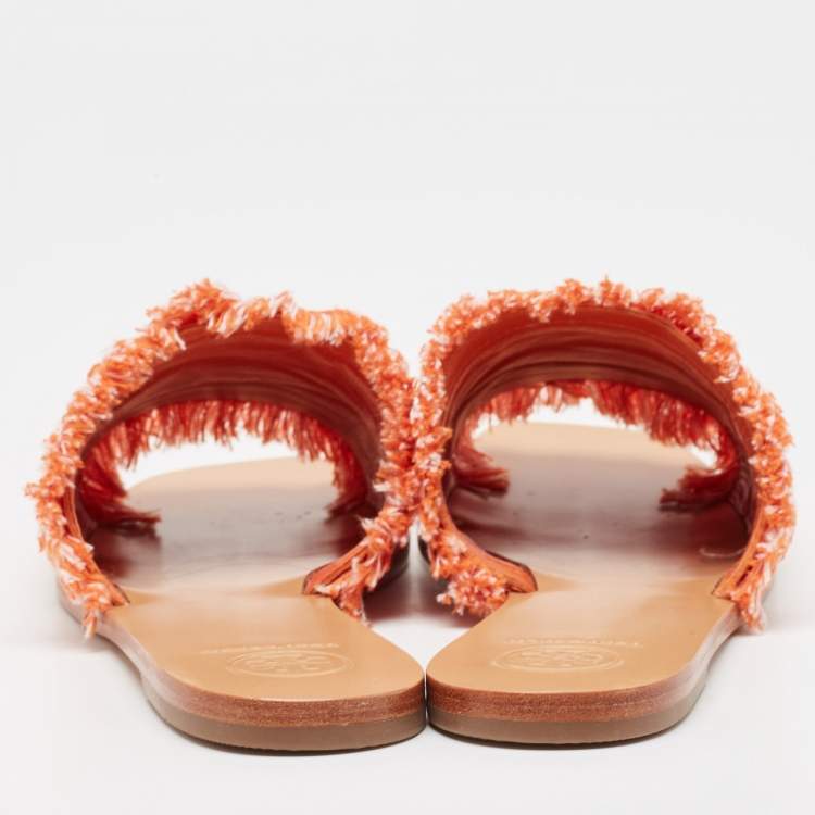 Pre Owned Tory Burch Orange/White Terry Cloth Flat Slides Size 39