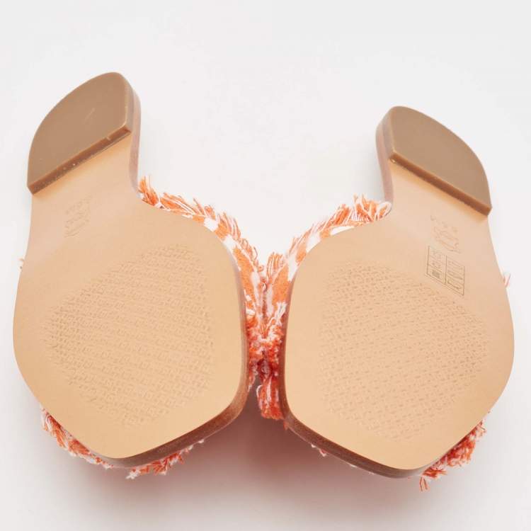Pre Owned Tory Burch Orange/White Terry Cloth Flat Slides Size 39