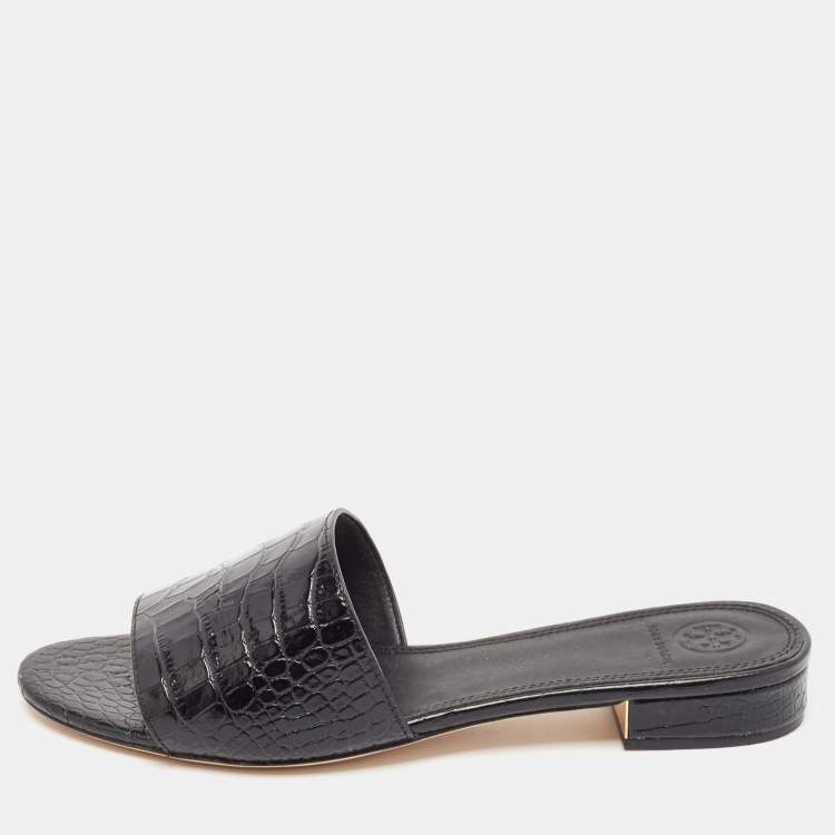 Pre Owned Tory Burch Black Croc Embossed Leather Martine Flat Slides Size 39.5