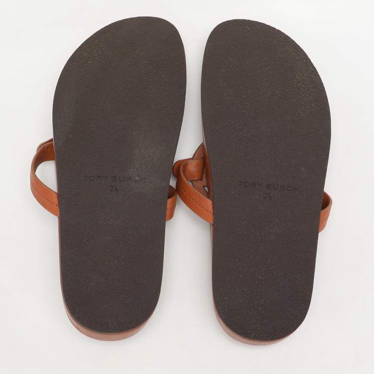 Pre Owned Tory Burch Brown Leather Miller Cloud Flip Flops Size 37.5