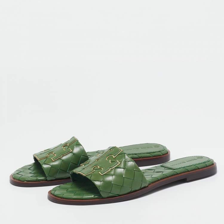 Pre Owned Tory Burch Green Intrecciato Leather Ines Flat Slides Size 38.5