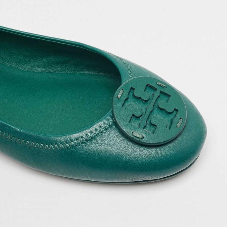 Pre Owned Tory Burch Green Leather Minnie Travel Ballet Flats Size 38.5