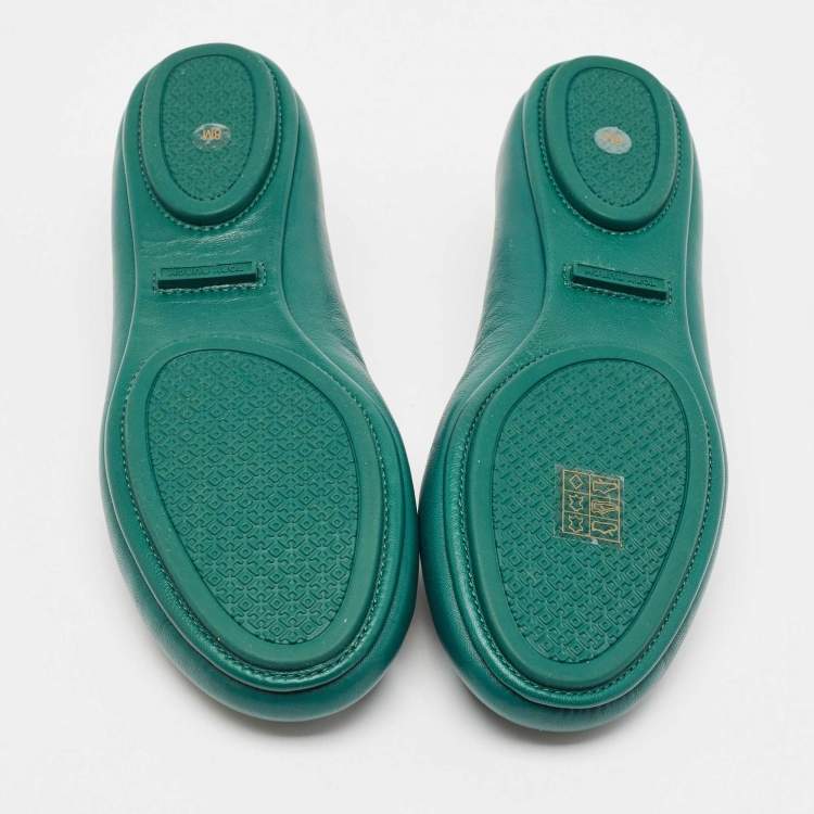 Pre Owned Tory Burch Green Leather Minnie Travel Ballet Flats Size 38.5