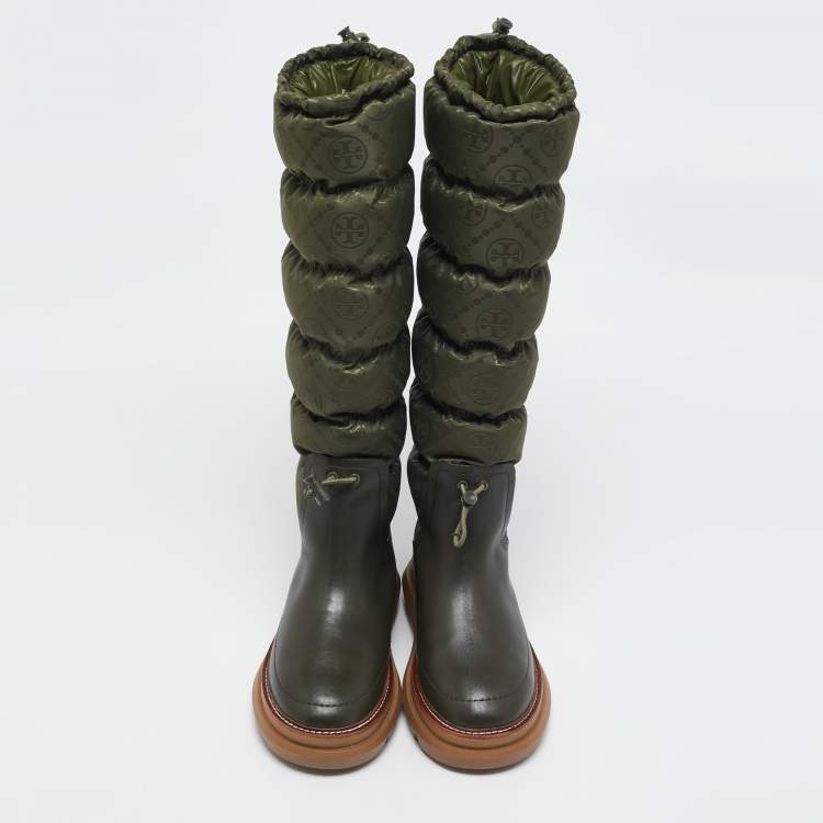 Pre Owned Tory Burch Green Leather and Nylon Leccio Snow Boots Size 39.5