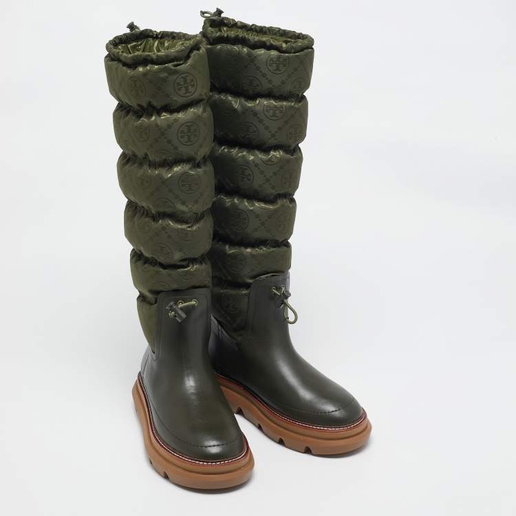 Pre Owned Tory Burch Green Leather and Nylon Leccio Snow Boots Size 39.5