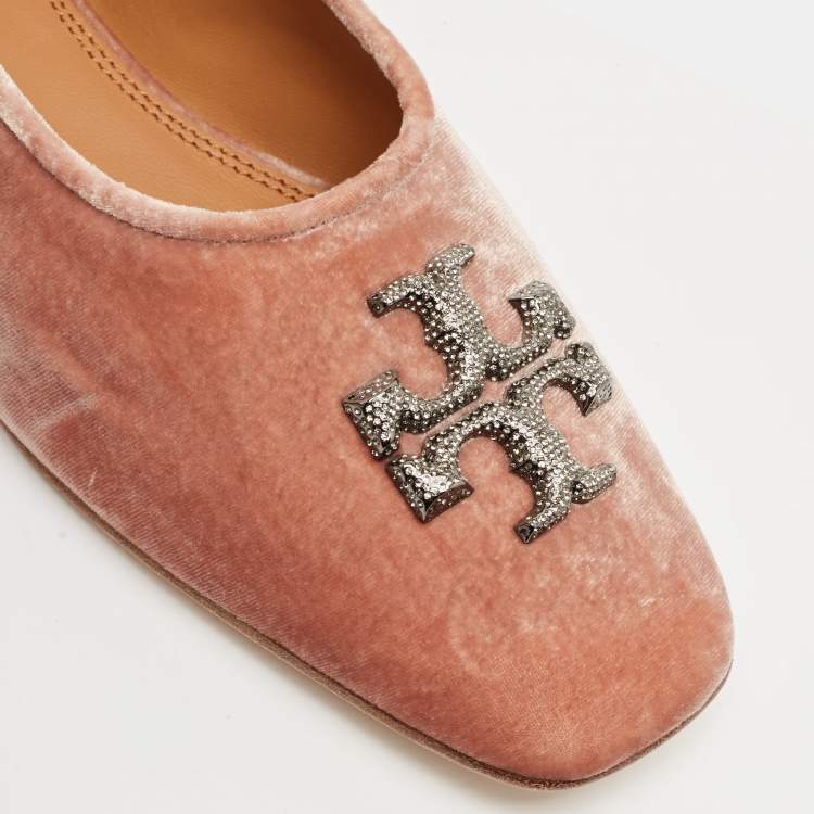 مملوكة مسبقًا Tory Burch Peach Pink Velvet Eleanor Crystal Ballet Flats Size 41