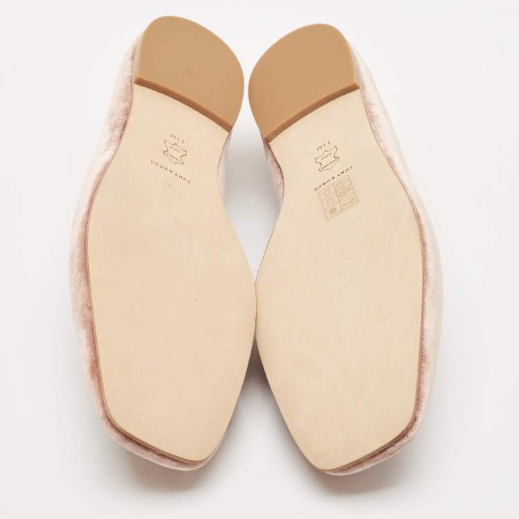 مملوكة مسبقًا Tory Burch Peach Pink Velvet Eleanor Crystal Ballet Flats Size 41