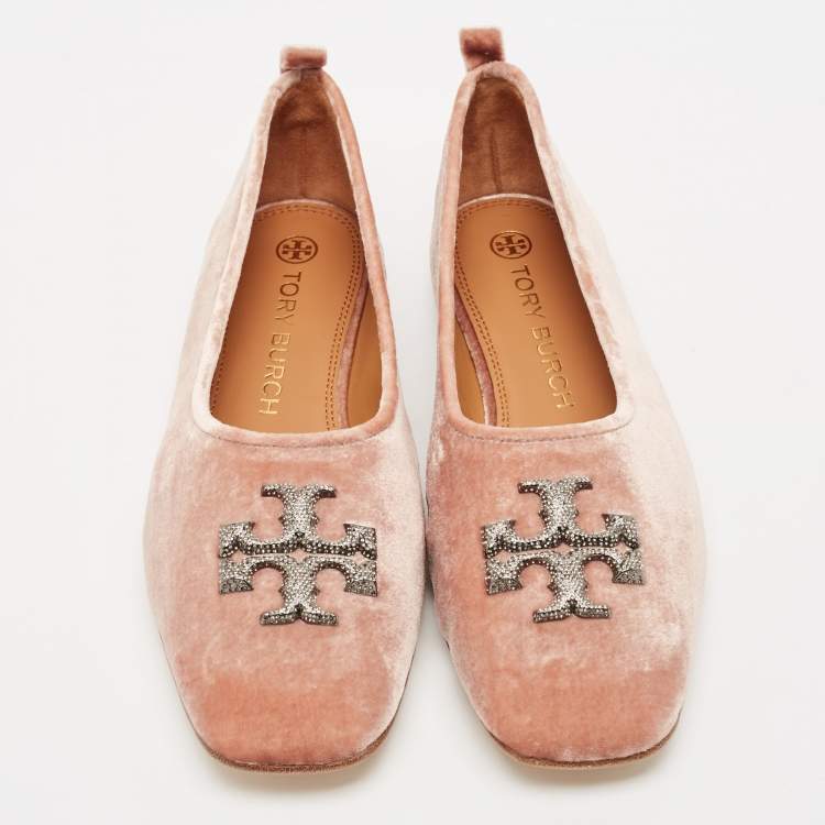 مملوكة مسبقًا Tory Burch Peach Pink Velvet Eleanor Crystal Ballet Flats Size 41