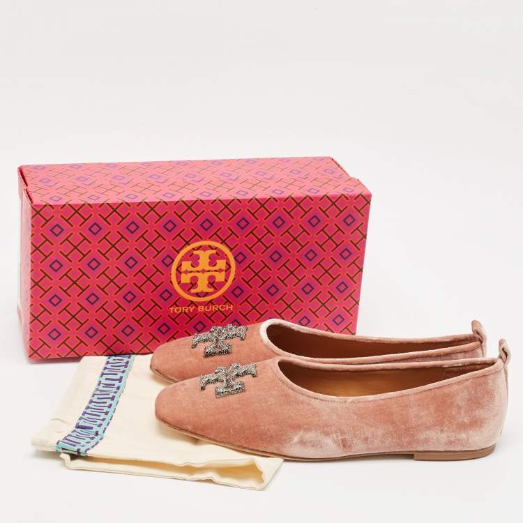 مملوكة مسبقًا Tory Burch Peach Pink Velvet Eleanor Crystal Ballet Flats Size 41