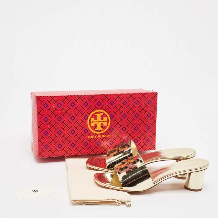 Pre Owned Tory Burch Gold Patent Leather Ines Slide Sandals Size 40.5