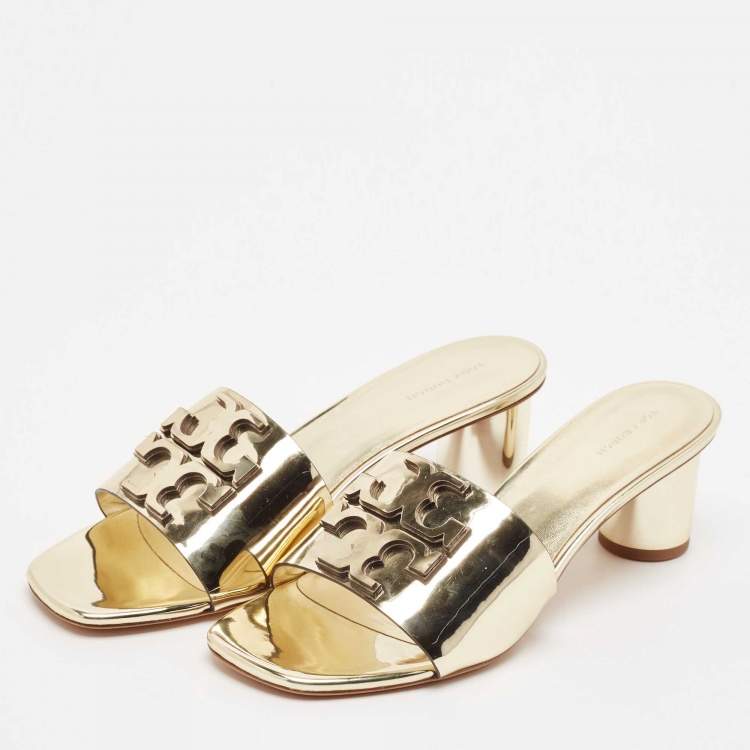 Pre Owned Tory Burch Gold Patent Leather Ines Slide Sandals Size 40.5