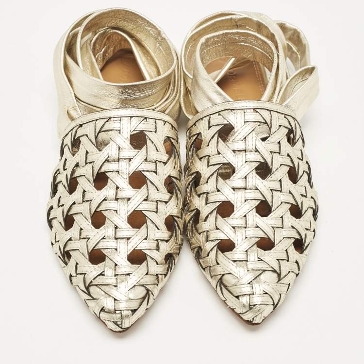 Pre Owned Tory Burch Gold Basket Weave Leather Ankle Wrap Flats Size 38.5
