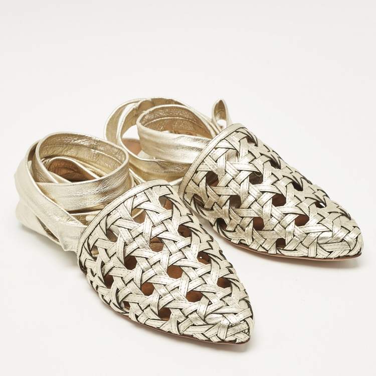 Pre Owned Tory Burch Gold Basket Weave Leather Ankle Wrap Flats Size 38.5