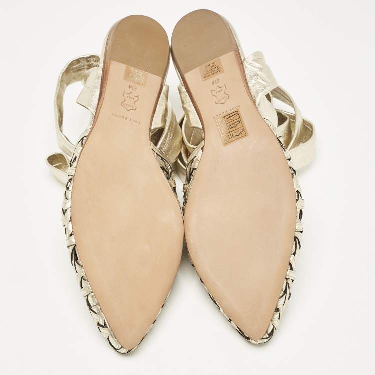 Pre Owned Tory Burch Gold Basket Weave Leather Ankle Wrap Flats Size 38.5