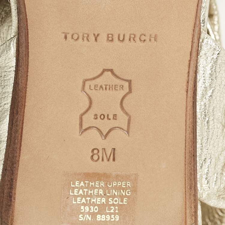 Pre Owned Tory Burch Gold Basket Weave Leather Ankle Wrap Flats Size 38.5