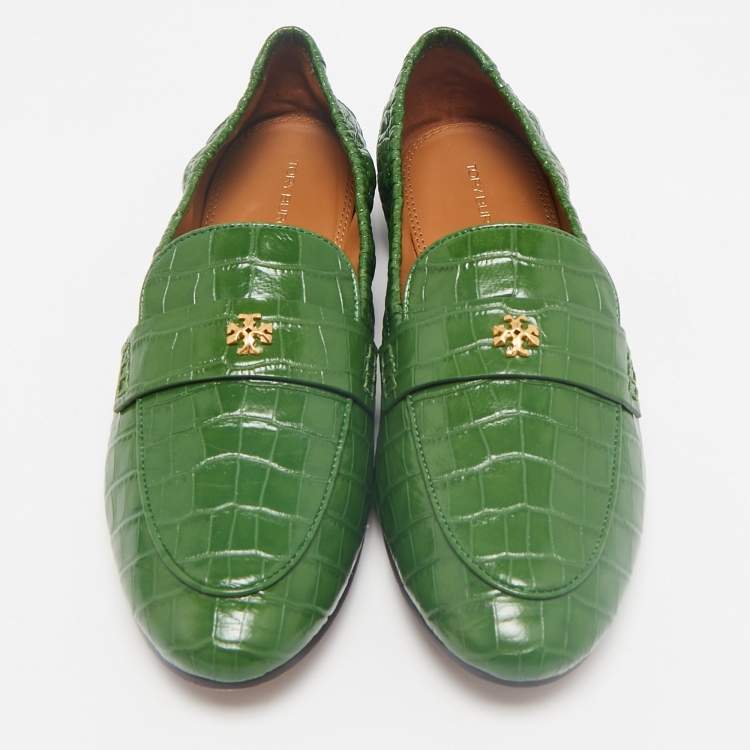 Pre Owned Tory Burch Green Croc Embossed Leather Slip On Loafers Size 39.5