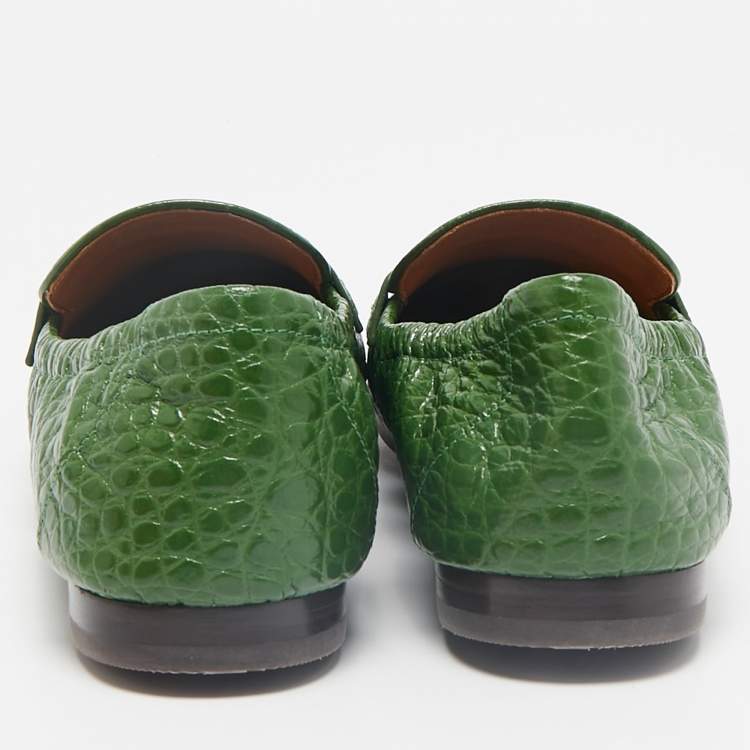 Pre Owned Tory Burch Green Croc Embossed Leather Slip On Loafers Size 39.5
