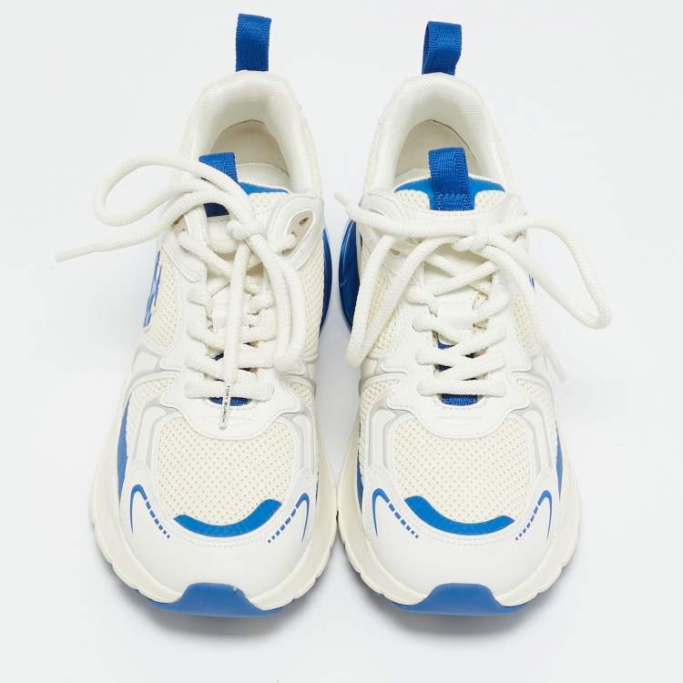 Pre Owned Tory Burch Blue/White Leather and Mesh Good Luck Sneakers Size 38.5