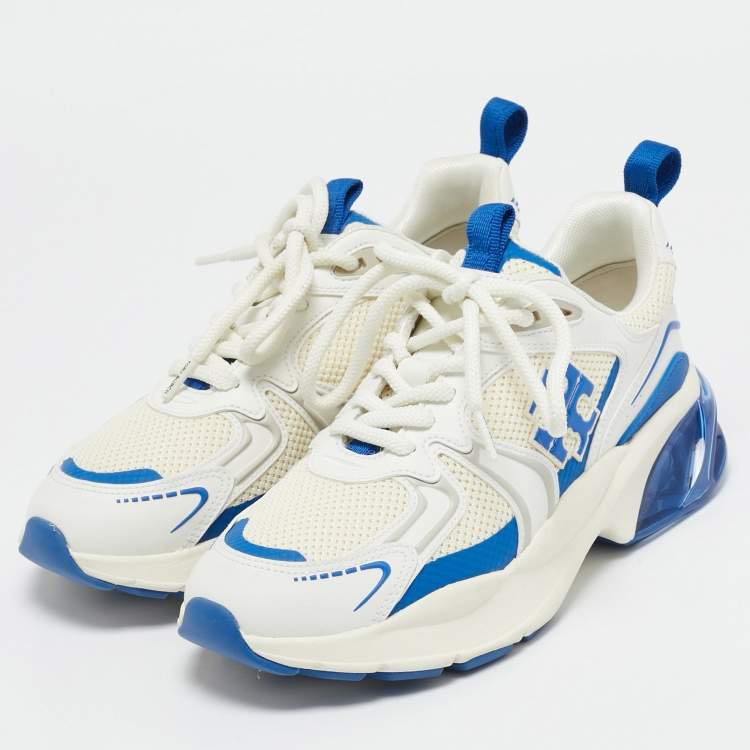 Pre Owned Tory Burch Blue/White Leather and Mesh Good Luck Sneakers Size 38.5