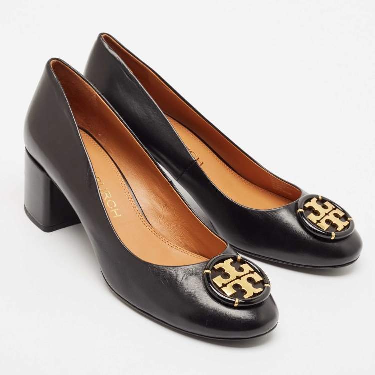 Pre Owned Tory Burch Black Leather Janey Block Heel Pumps Size 41