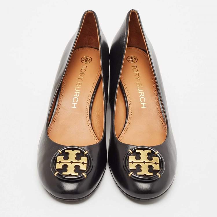 Pre Owned Tory Burch Black Leather Janey Block Heel Pumps Size 41
