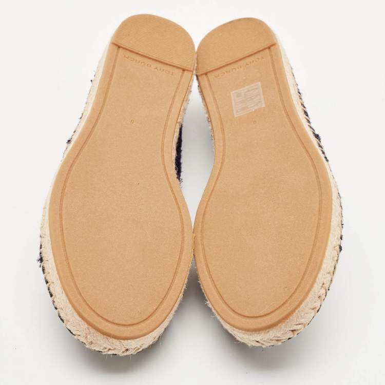 Pre Owned Tory Burch Navy Blue Tweed And Leather Espadrilles Flats Size 38