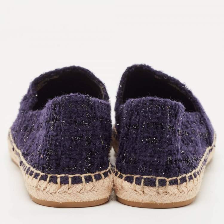 Pre Owned Tory Burch Navy Blue Tweed And Leather Espadrilles Flats Size 38