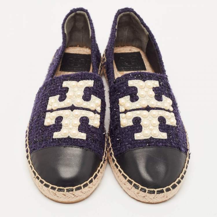 Pre Owned Tory Burch Navy Blue Tweed And Leather Espadrilles Flats Size 38