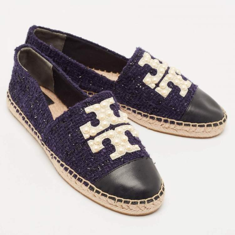 Pre Owned Tory Burch Navy Blue Tweed And Leather Espadrilles Flats Size 38